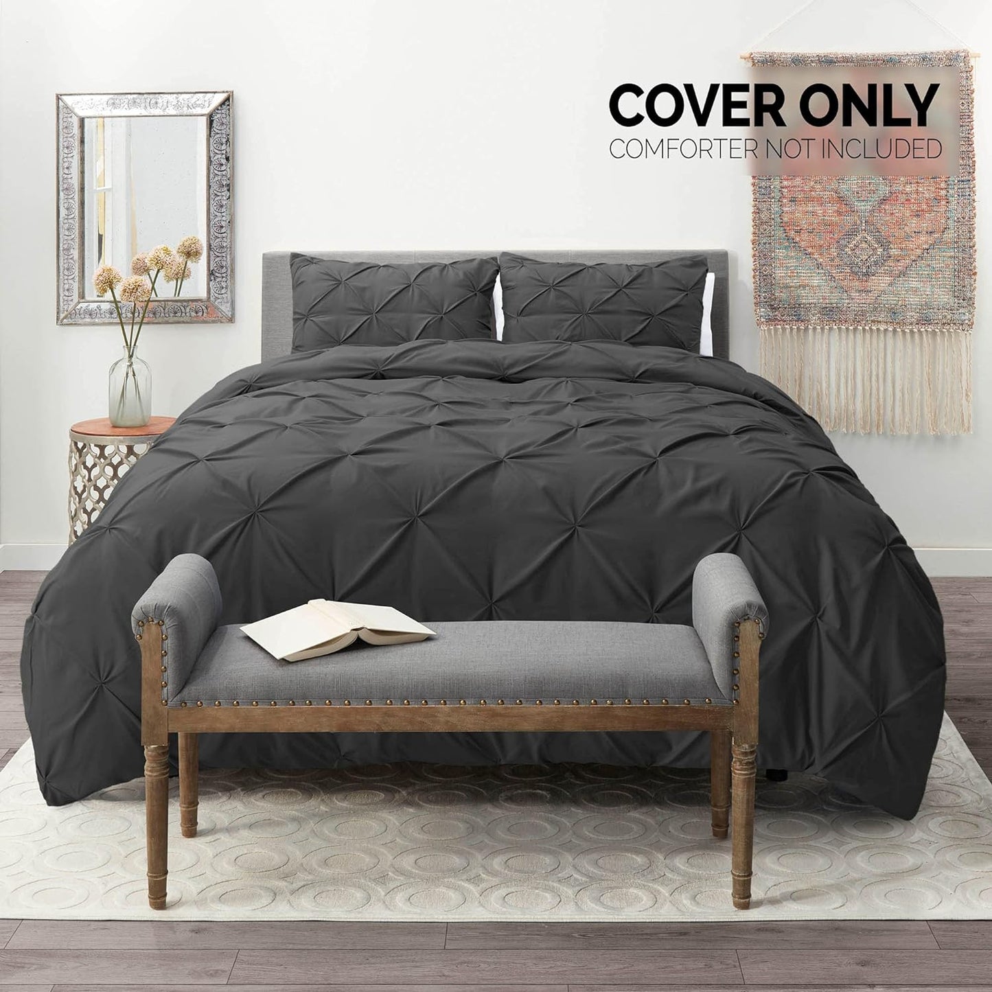 Grey Duvet Cover Queen Size - Pintuck Queen Duvet Cover Set, 3 Piece Double Brushed Duvet Covers with Button Closure, 1 Pinch Pleated Duvet Cover 90X90 Inches and 2 Pillow Shams