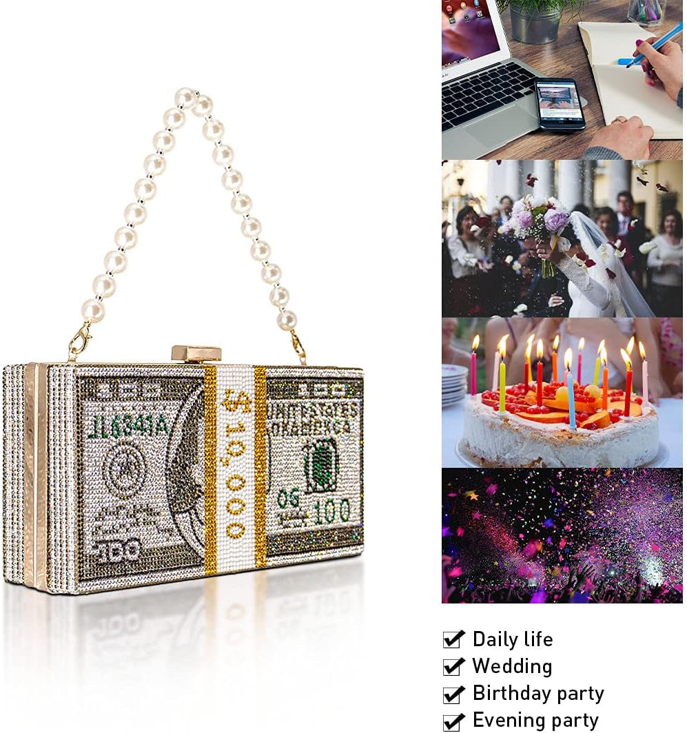 Women Stack of Cash Evening Bag Crystal Rhinestone Clutch Money Shoulder Bag Dollar Bill Purse