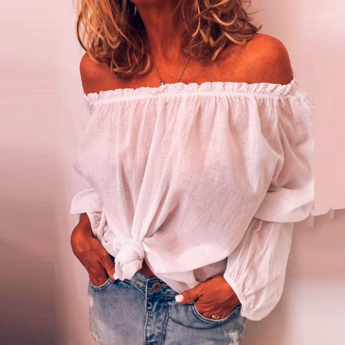 Black Solid Off Shoulder Pleated Blouse