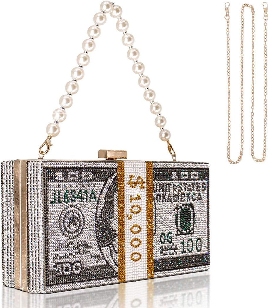 Women Stack of Cash Evening Bag Crystal Rhinestone Clutch Money Shoulder Bag Dollar Bill Purse