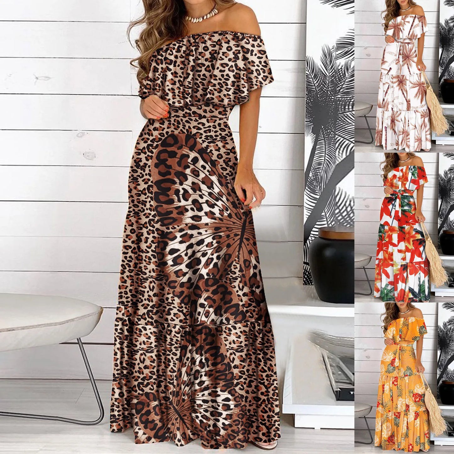 Bohemian Summer Leopard Print Maxi Dress Elegant