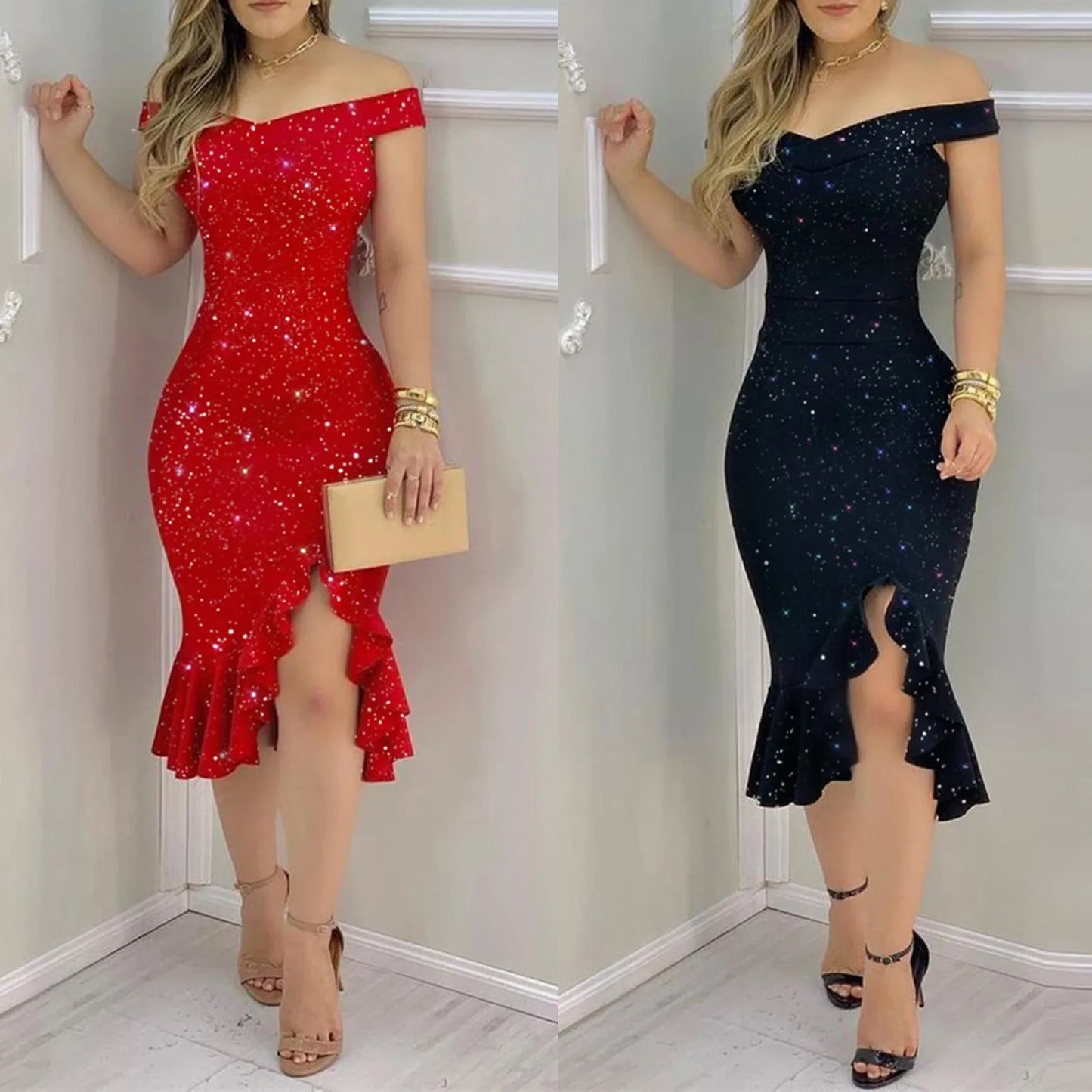 Elegant Party Dress with Cold Shoulder