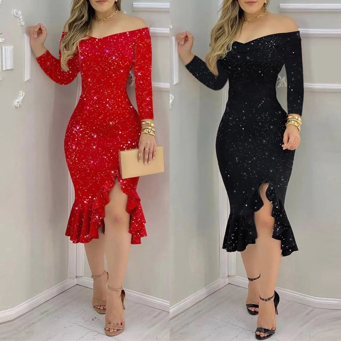 Sequin Off Shoulder Party Dress Female