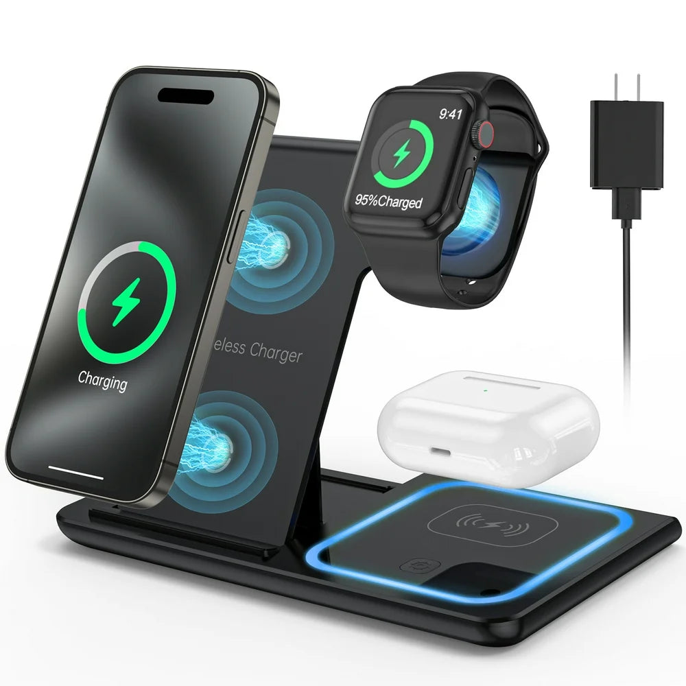 3 in 1 Wireless Charger, 18W Fast Charger Pad Stand Charging Station Dock for Iwatch Series SE 8/7/6/5/4/3 Airpods Pro/3/2 for Iphone 15/14/13/12 /11/Pro Max/12 Pro /XR (With QC3.0 Adapter)