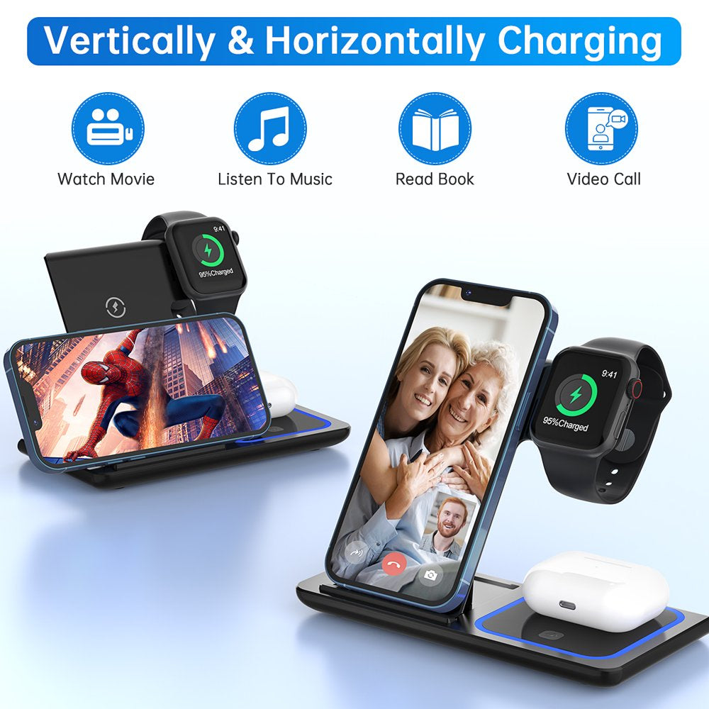 3 in 1 Wireless Charger, 18W Fast Charger Pad Stand Charging Station Dock for Iwatch Series SE 8/7/6/5/4/3 Airpods Pro/3/2 for Iphone 15/14/13/12 /11/Pro Max/12 Pro /XR (With QC3.0 Adapter)